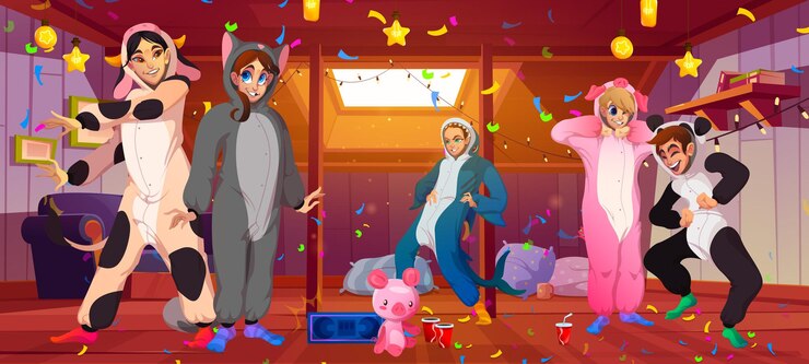 Ücretsiz Vektör kigurumi pajama party on house attic, friends rush
