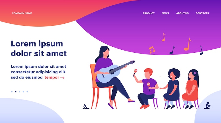 Ücretsiz Vektör kindergarten teacher playing guitar for diverse group of kids. preschool children enjoying music lesson. flat vector illustration for day care activity, childhood concept