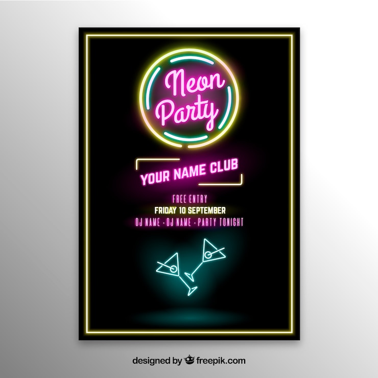 Ücretsiz Vektör kokteylli neon parti afişi
