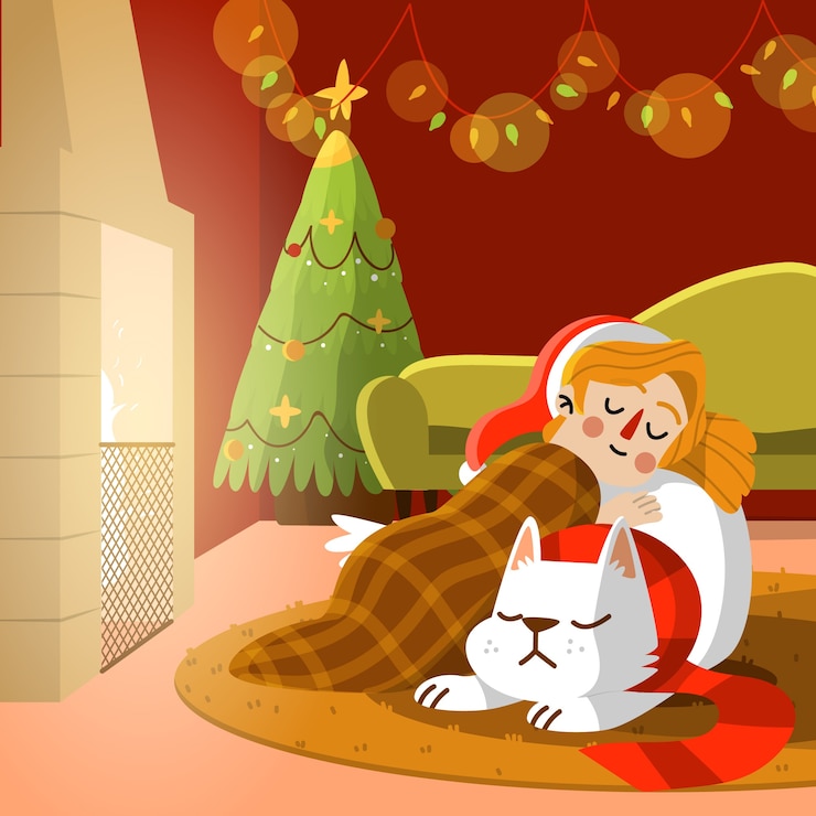 Ücretsiz Vektör köpek ve kızın uyuduğu noel şöminesi sahnesi