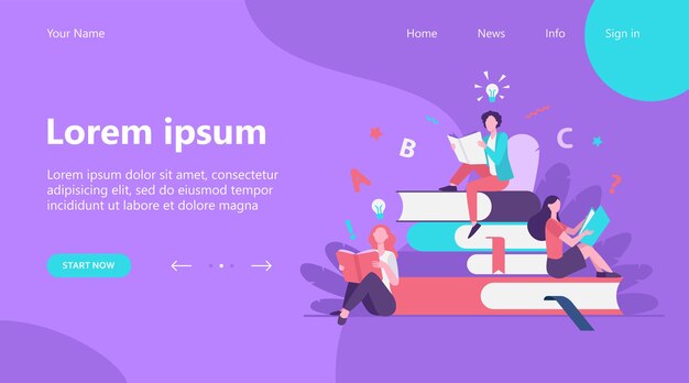 Landing page, Students studying textbooks. Woman sitting on stack of books and reading. Vector illustration for library, bookworm, bookstore concept