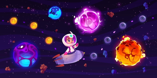 Level map with kid astronaut on rocket in space background illustration progress bar with boy child character on spaceship explore outer cosmos ui screen for adventure arcade mobile game app