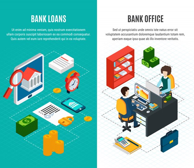 loans isometric vertical banners set with two compositions of financial and human characters with text