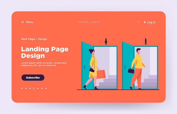 Ücretsiz Vektör man and woman walking through doorways for males and females landing page