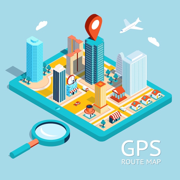 Map a small town on the tablet with the specified destination point. GPS route map. City navigation app.