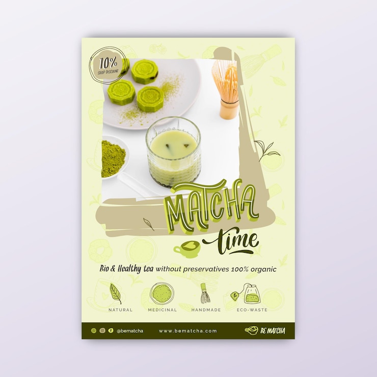 Ücretsiz Vektör matcha çayı el ilanı şablonu