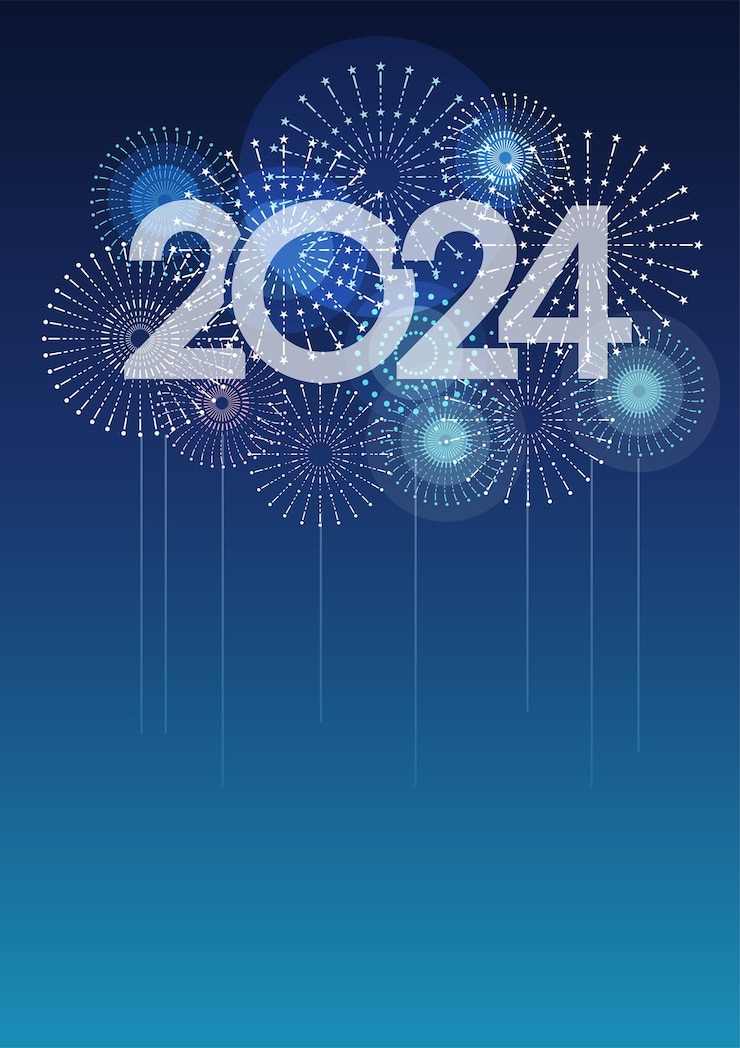 Ücretsiz Vektör mavi arka plan üzerinde metin alanı olan 2024 vektör logosu ve kutlama havai fişekleri