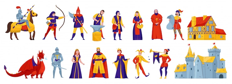 Ücretsiz Vektör medieval kingdom characters 2 flat horizontal sets with rider king queen  knight castle fortress dragon vector illustration