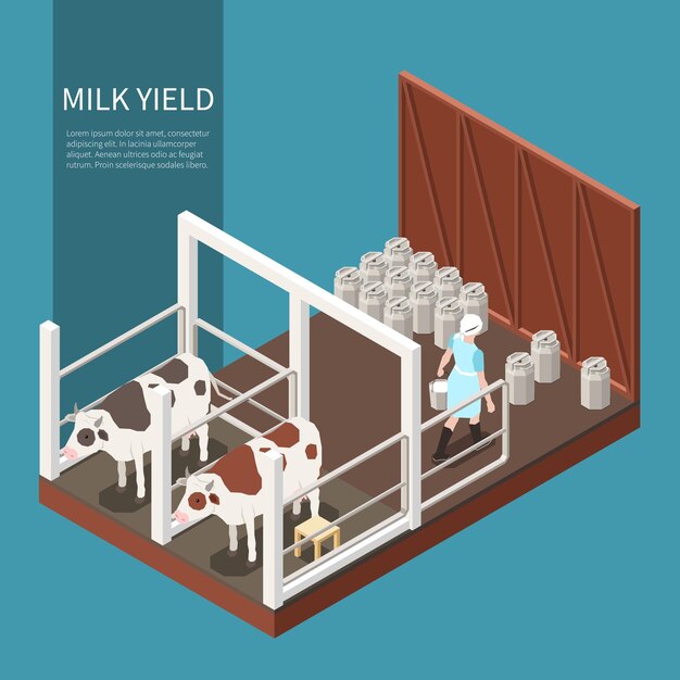 Milk production concept with milk yield symbols isometric