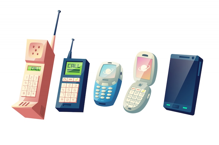 Ücretsiz Vektör mobile phones evolution cartoon vector concept. cellphones generations from vintage models with physical numeric keypads and retractable antennas to modern smart devices with touchscreen illustration