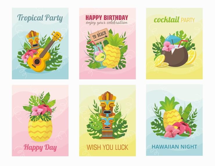 Ücretsiz Vektör modern hawaiian card design with illustration.  summer vacation concept