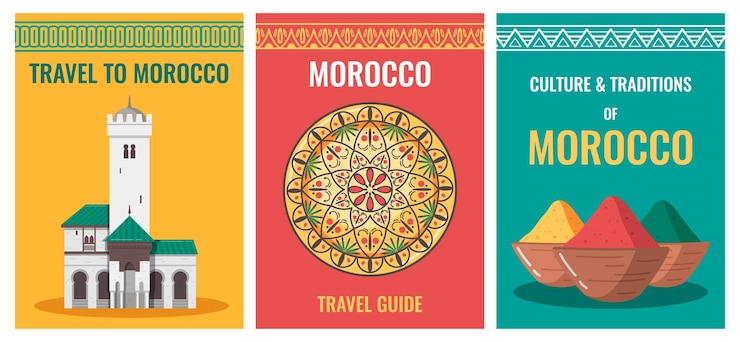 Ücretsiz Vektör morocco touristic travel flat set of three vertical posters with traditional ornaments editable text and images vector illustration