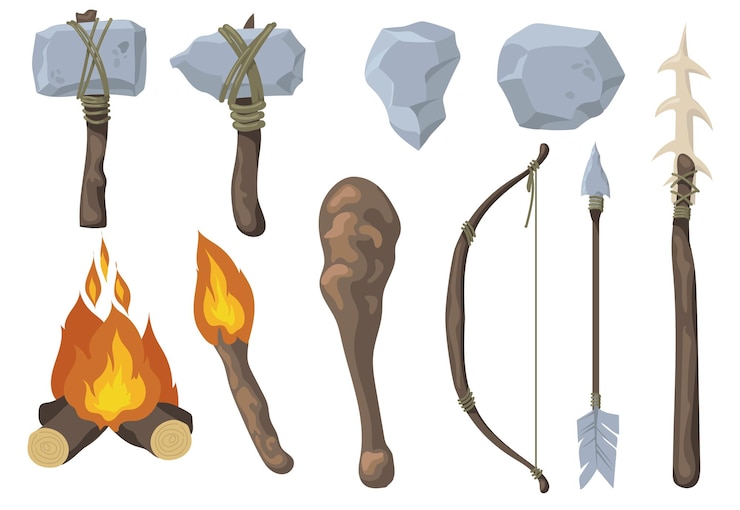 Ücretsiz Vektör neandertal ilkel kaya silahı düz set