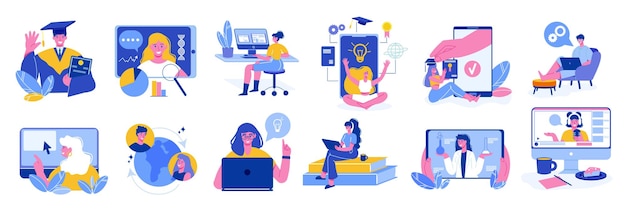 online education learning set of isolated icons and characters of teachers and tutors with computer images vector illustration