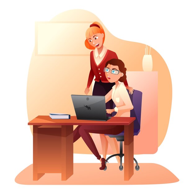 partnership illustration two caucasian girls working together business partners partnership good job recognition women friends characters