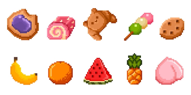 Ücretsiz Vektör pixel art food icons set