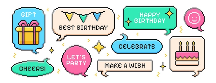 Ücretsiz Vektör pixel art happy birthday speech bubbles with pixelated cake candles gift box congratulations quotes