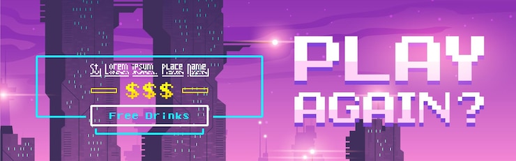 Ücretsiz Vektör play again pixel art cartoon web banner for game