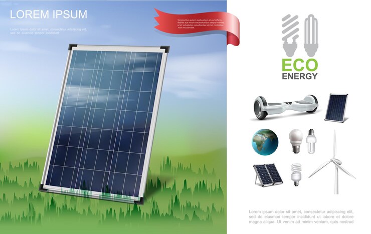 Ücretsiz Vektör realistic eco energy modern composition with solar panel on forest gyroscope earth planet lightbulbs windmill illustration