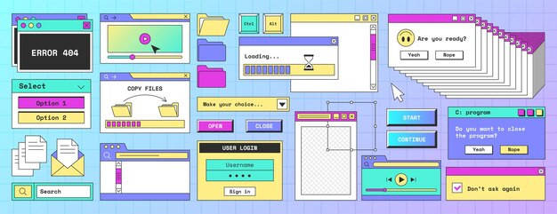 Retro computer screen interface with windows folder file and message frames