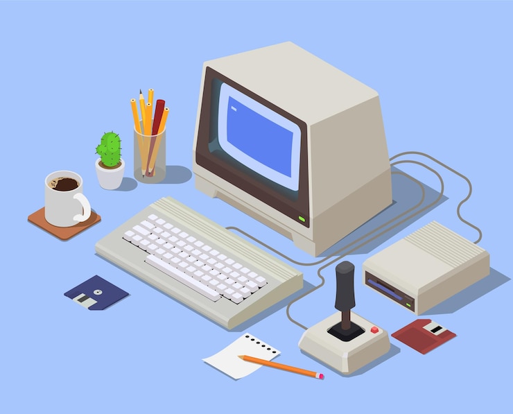 Ücretsiz Vektör retro devices isometric composition with personal computer consisting from system unit monitor keyboard and attached joystick