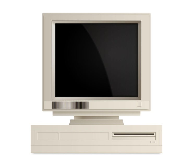 Ücretsiz Vektör retro vintage computer realistic composition with isolated front view of personal computer with display on mainframe vector illustration