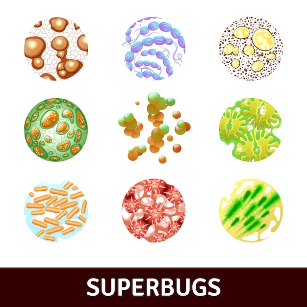 round superbugs realistic set with various bacteria and microbes 