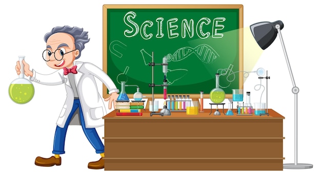 scientist cartoon character with science lab objects