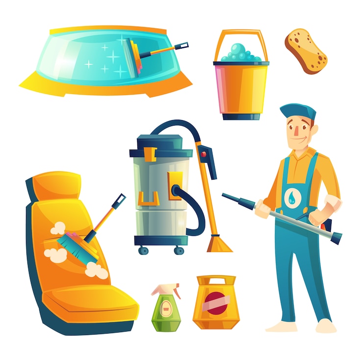 Ücretsiz Vektör set of car washing service with cartoon character. automobile service with guy for cleaning 
