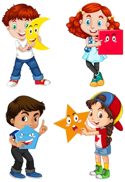 set of multicultural children holding geometric shapes