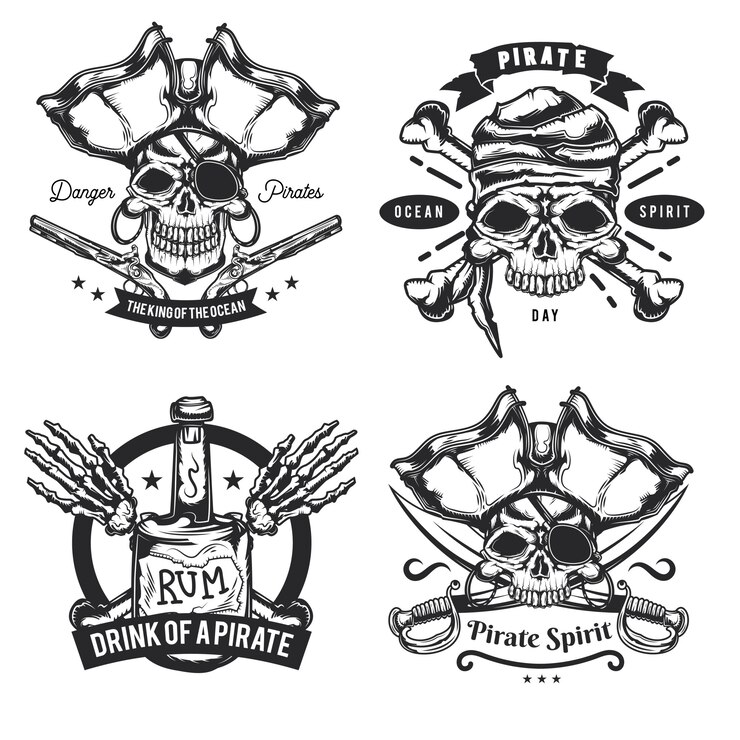 Ücretsiz Vektör set of pirat elements (bottle, bones, sword, gun) emblems, labels, badges, logos.