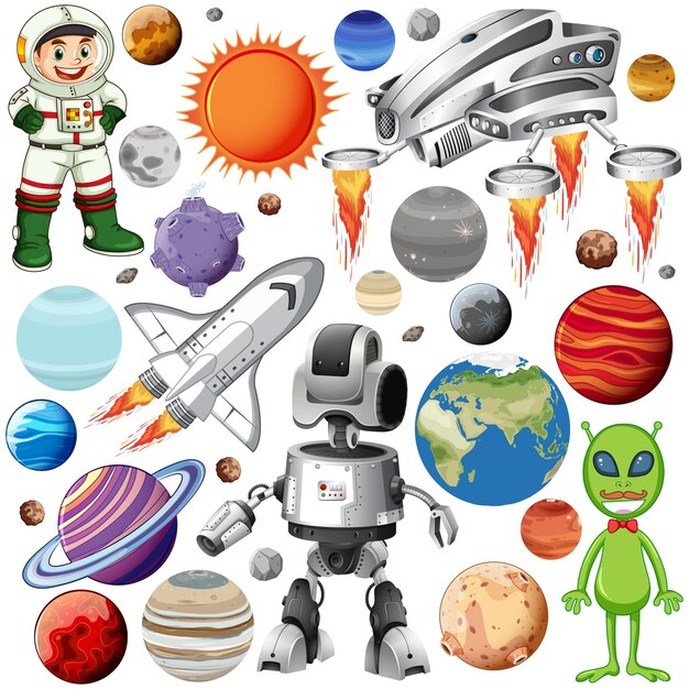 set of space objects on white background