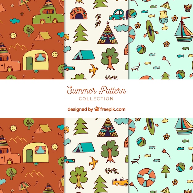 set of summer patterns with beach elements in hand drawn style