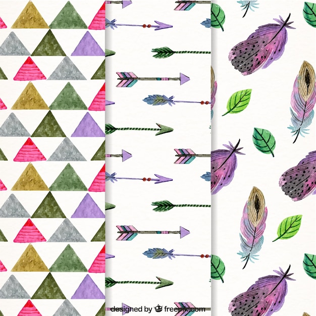 set of three boho patterns in watercolor style