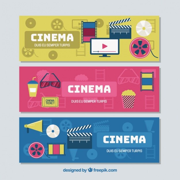 set of three colored banners with elements in flat design