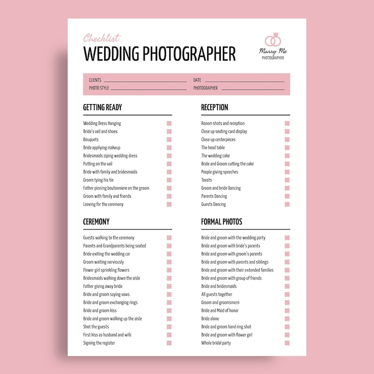 Ücretsiz Vektör simple marry me wedding photographer checklist template