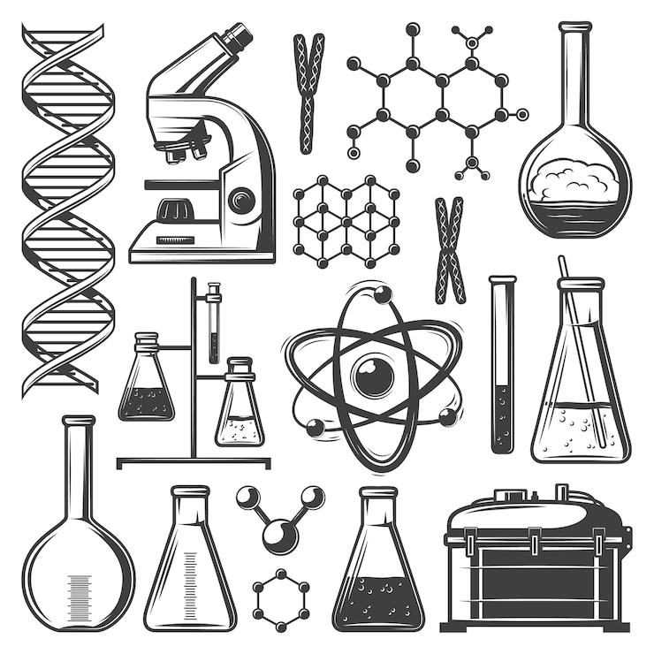 Ücretsiz Vektör şişeler, tüpler, mikroskop, dna moleküler yapısı hücreleri içeren vintage laboratuvar araştırma elemanları seti, izole edilmiş cihazlar kiti