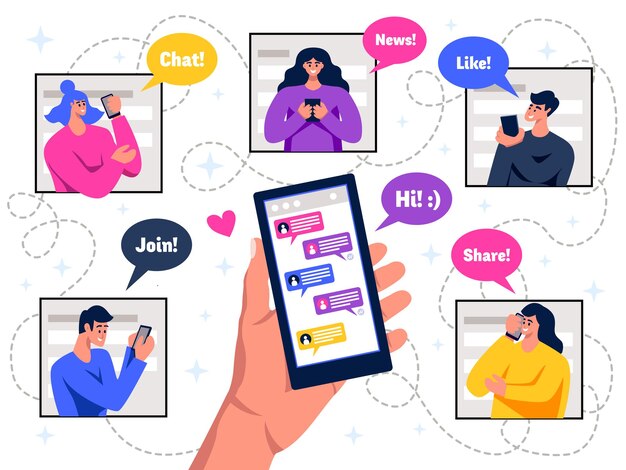 Social network members hands holding mobile live chat messaging flat colorful schema with speech bubbles