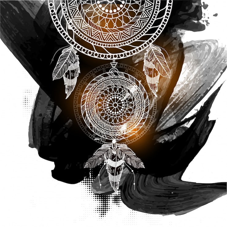 Ücretsiz Vektör soyut siyah fırça darbeleri arka planında etnik kabile çiçek deseni ile boho tarzı süslemeli rüya yakalayıcı.