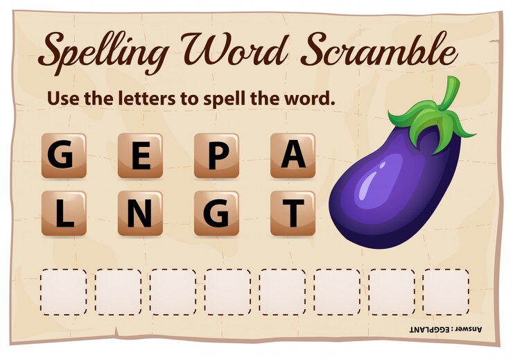 Ücretsiz Vektör spelling word scramble game template with word eggplant