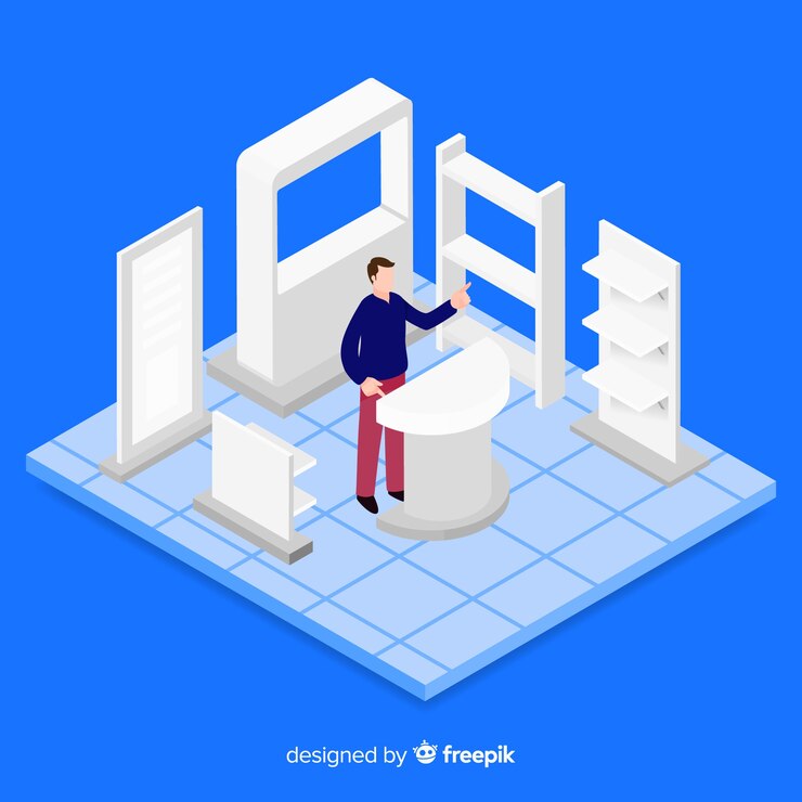 Ücretsiz Vektör stand exhibition in isometric concept