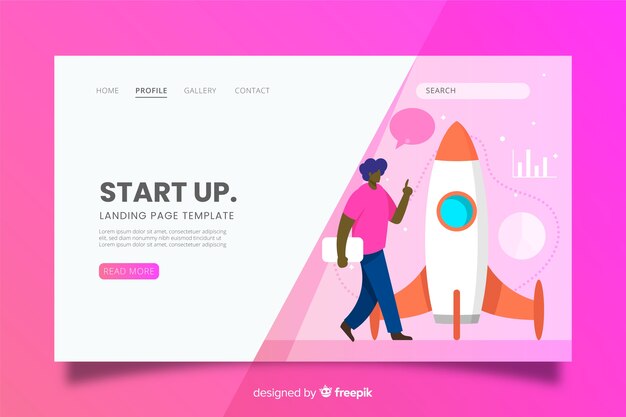 Startup landing page with walking character