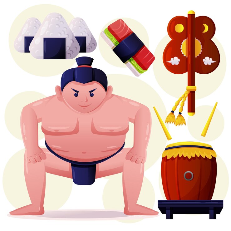 Ücretsiz Vektör sumo dövüş sanatları ve japon yemekleri çizgi film vektöründe genç şişman adam