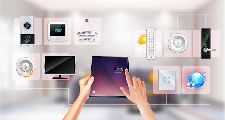 Ücretsiz Vektör tablet ile akıllı evi kontrol eden kişi