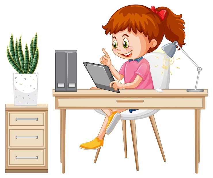 Ücretsiz Vektör tablette sosyal medyada gezinen bir kız