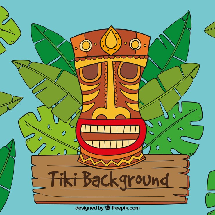 Ücretsiz Vektör tiki mask backgorund with palm tree leaves