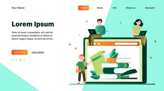 Tiny people reading books in online library. Internet, laptop, technology flat vector illustration. Knowledge and education concept website design or landing web page