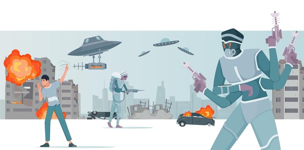 ufo people background with planet destruction symbols flat vector illustration