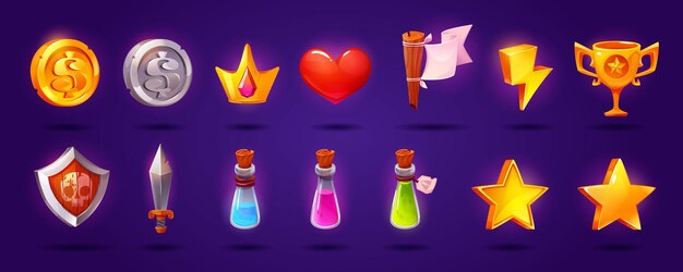 Ui casino game icon vector crown and coin vector element Gold and silver trophy dollar money illustration pack Potion or elixir in bottle isolated fantasy design Energy and weapon interface symbol