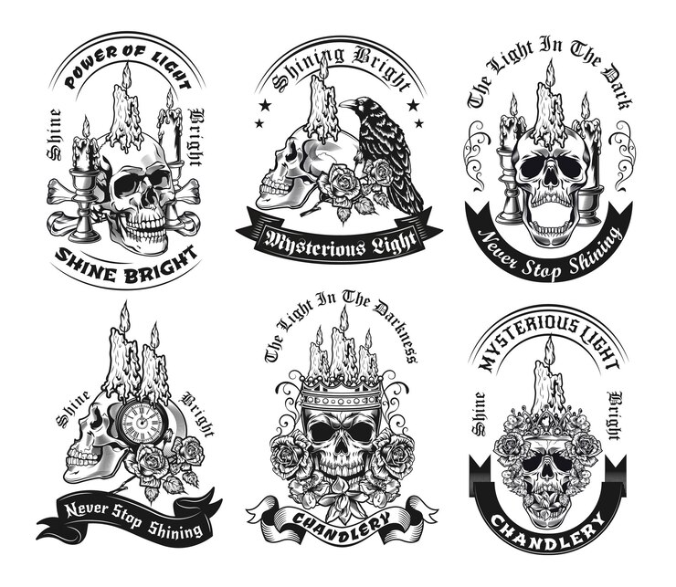 Ücretsiz Vektör vintage emblem with candle on skull illustration set